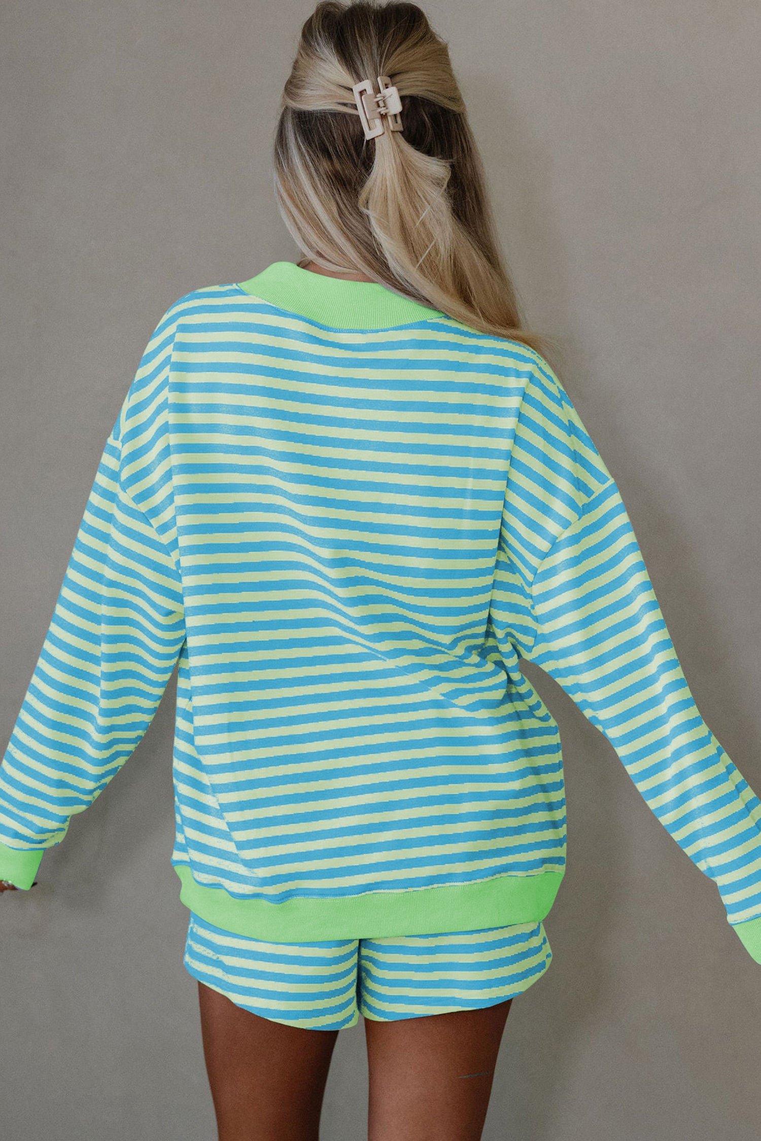 Yellow Stripe Color Block Detail Long Sleeve Pullover Elastic Waist Pull On Shorts 2pcs Set