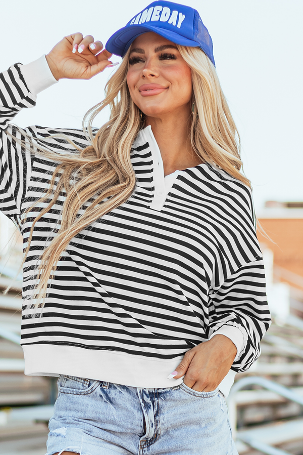 Sweat femme rayé, boutonnée, col rond, oversized, colorblock — blanc