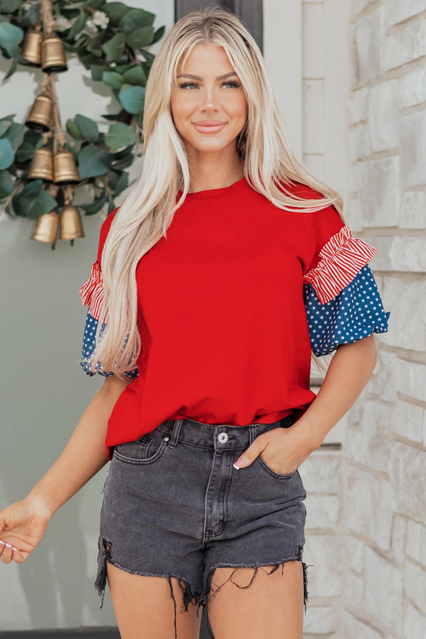 Short femme rayé, manches bouffantes — rouge feu