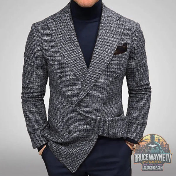 Blazer Homme Slim Fit Carreaux Double Boutonnage Polyester Gris Marron - Blazer Homme