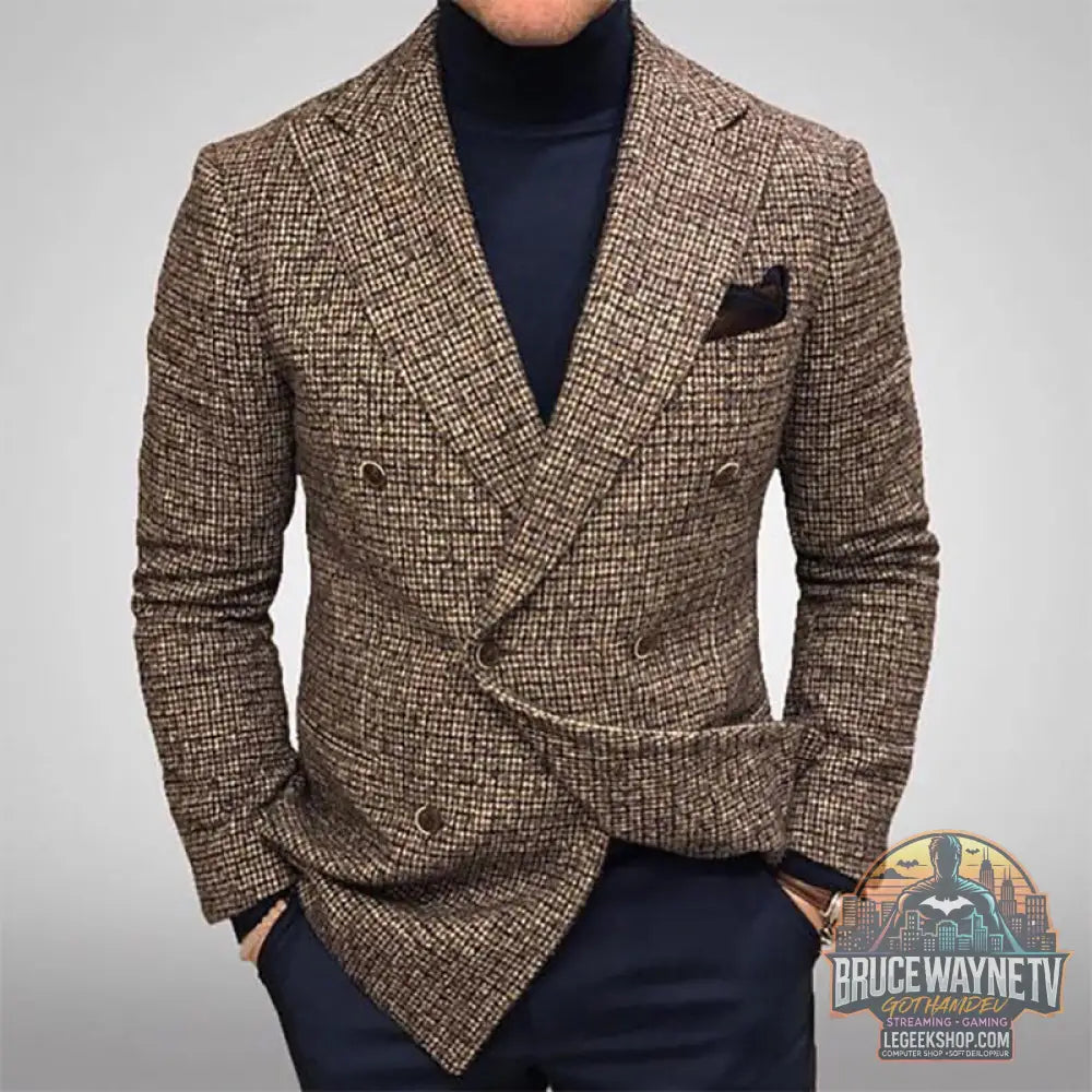 Blazer Homme Slim Fit Carreaux Double Boutonnage Polyester Gris Marron - Blazer Homme