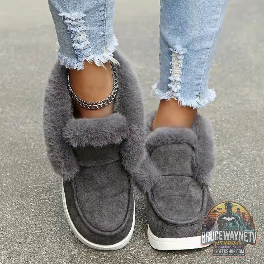 Bottes Neige Femme Courtes Fourrées Plates Grande Taille - Grey / Size35 - Bottes Neige Femme