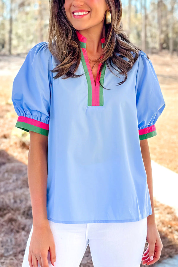 Short femme rayé, manches bouffantes, col V — bleu ciel