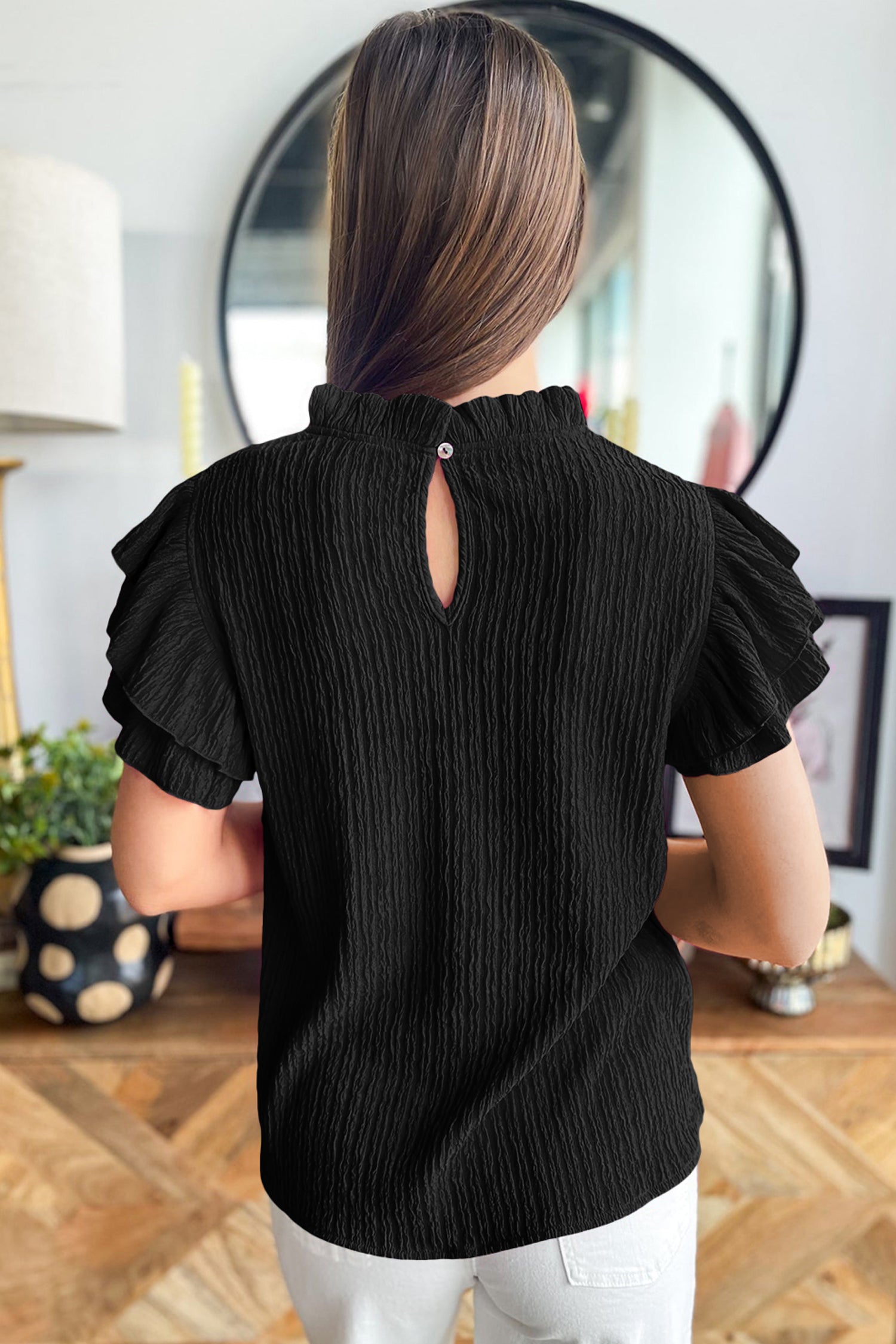 Rose Red Solid Color Textured Ruffle Trim Short Sleeve Blouse