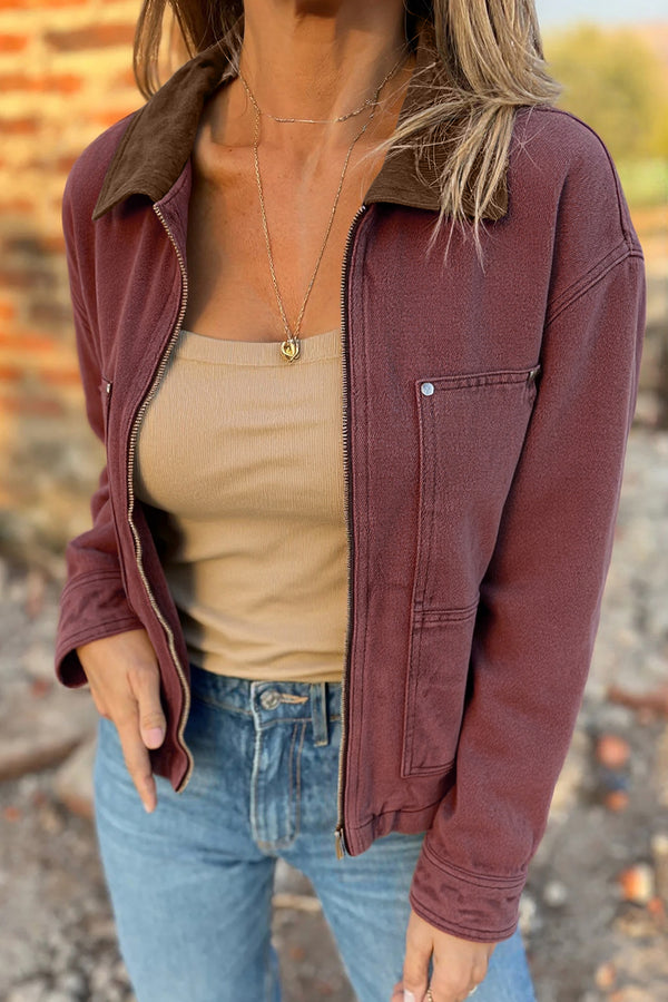 Veste femme zip, denim — café