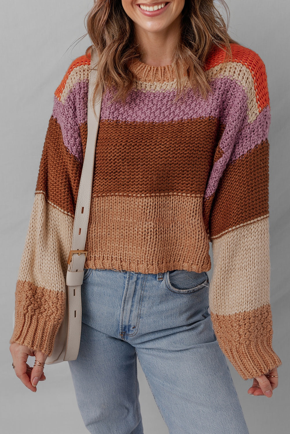Pull femme en maille, épaules tombantes, colorblock, cropped — multicolore