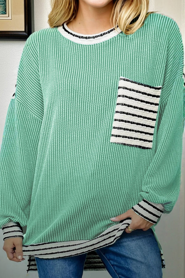 Haut femme rayé, patchwork, manches longues, col rond, côtelé — vert d'eau