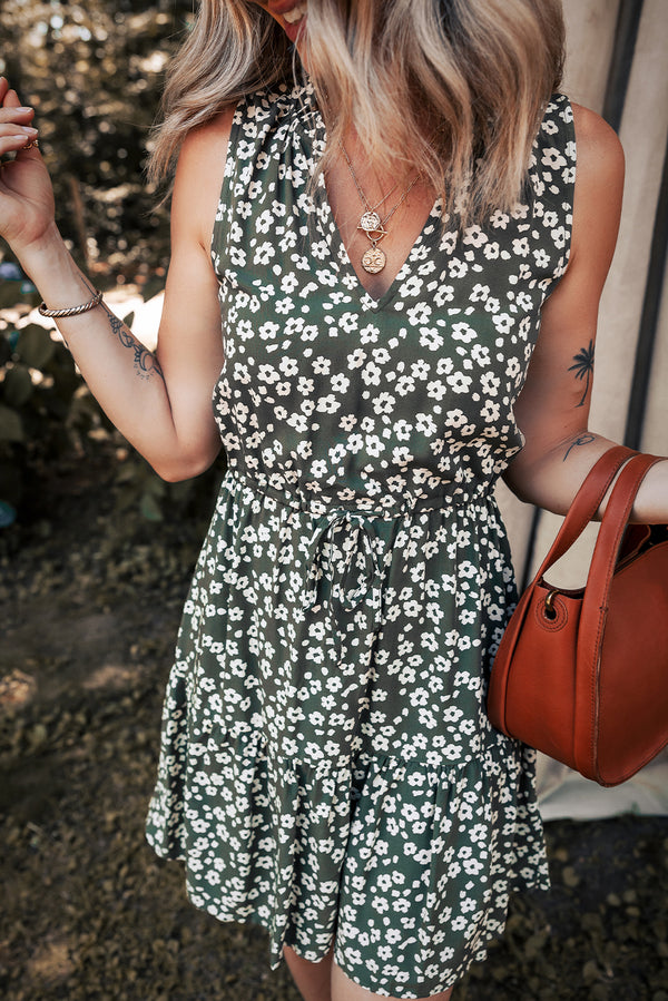 Robe femme floral, sans manches, col V — vert