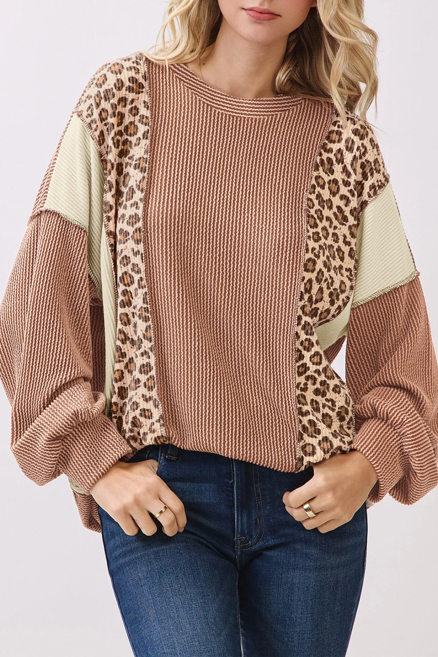 Haut femme léopard, en maille, côtelé, colorblock