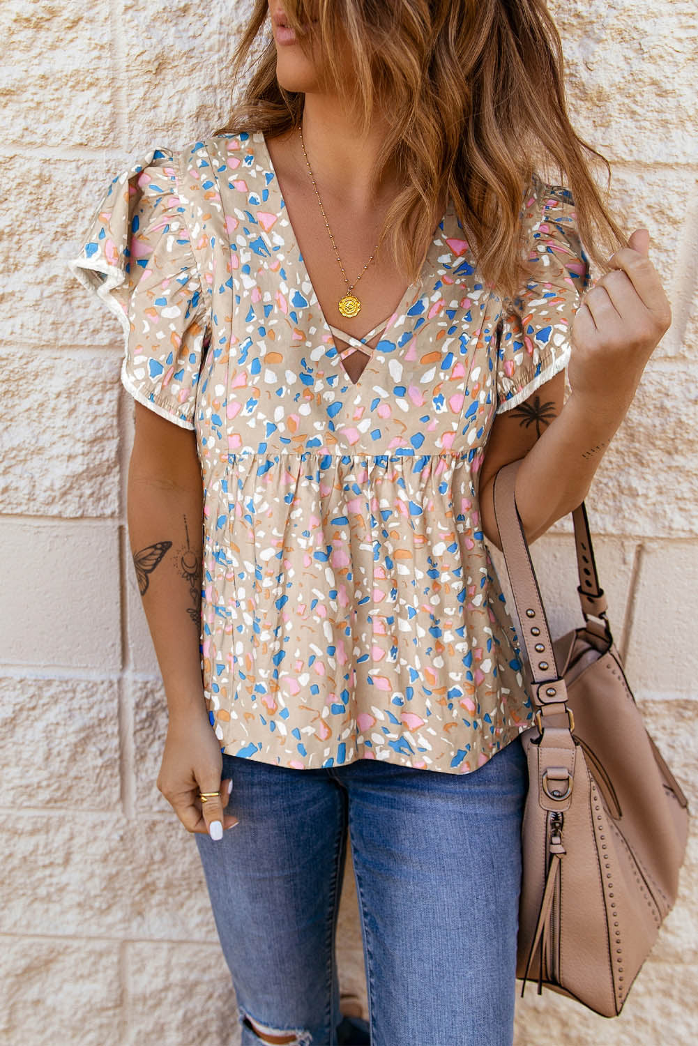 Blouse femme à volants, col V — kaki