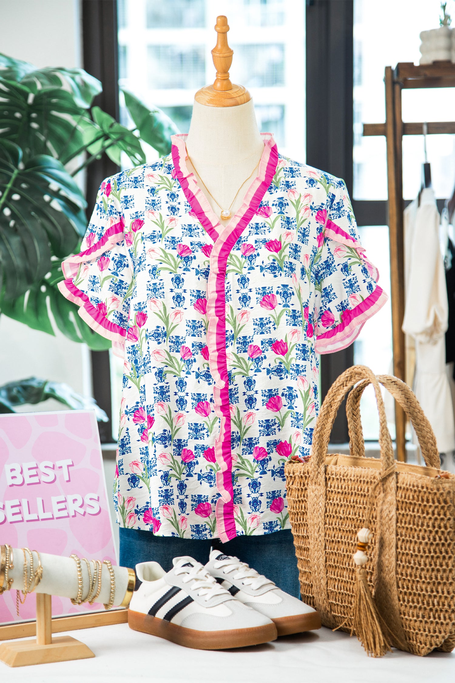 Rose Floral Print Ruffle V-Neck Short Sleeve Loose Tunic Shirt