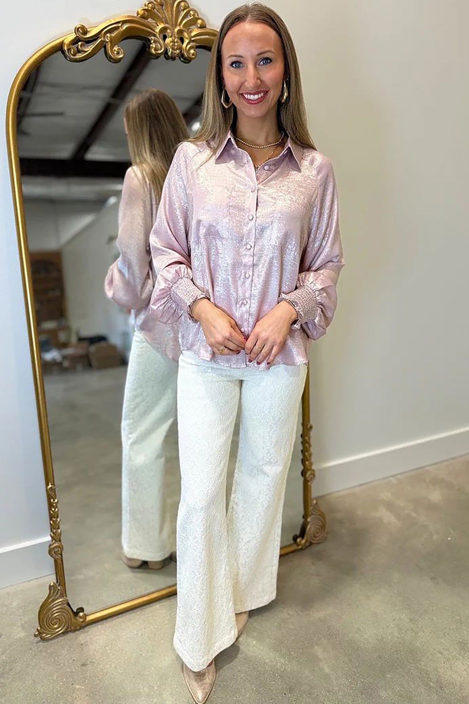 Delicacy Long Sleeve Button Front Ruffle Cuffs Back Paneling Shirt