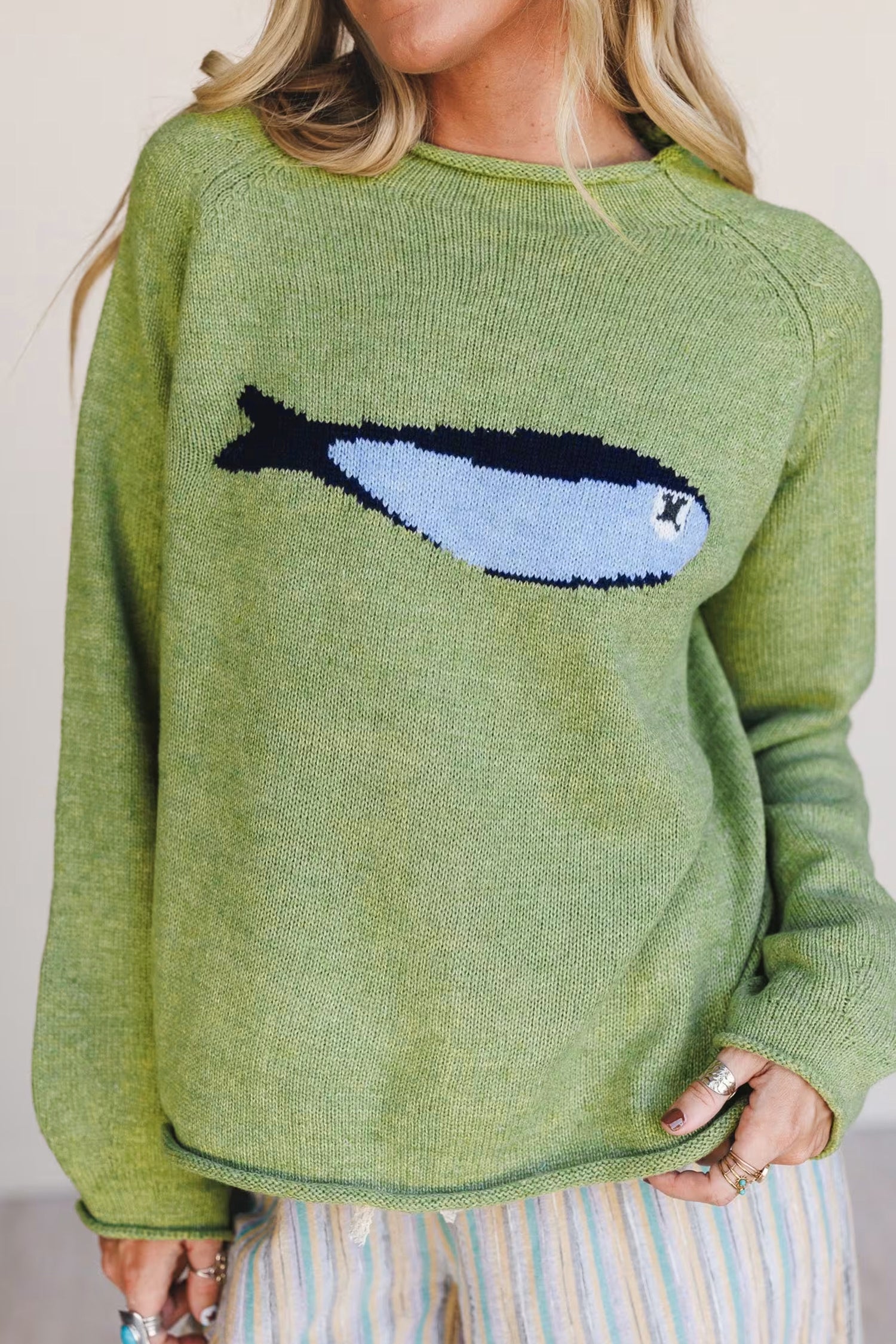 Meadow Mist Green Unique Fish Knit Oversized Round Neck Sweater