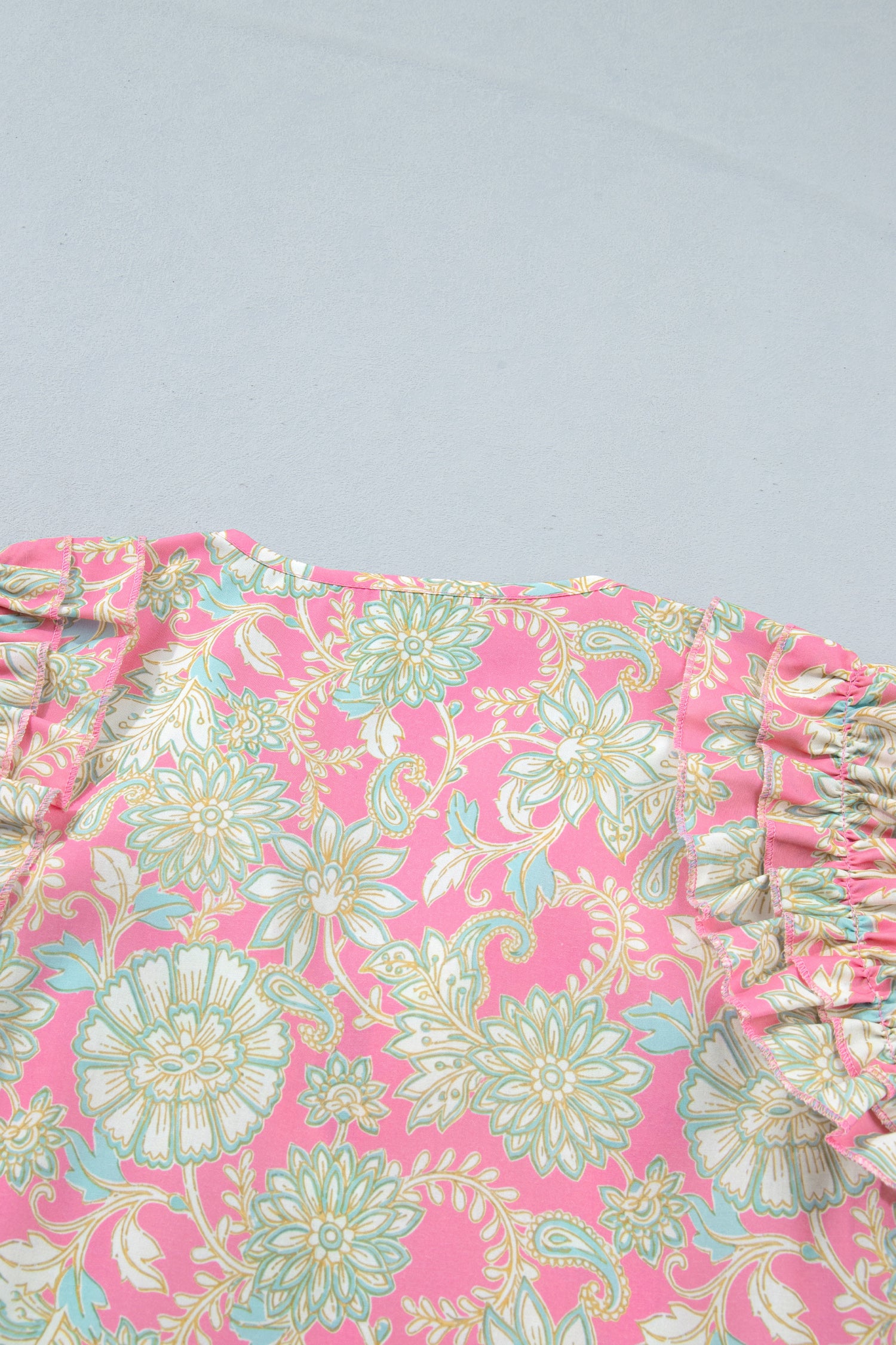 Pink Tie V Neck Floral Short Puff Sleeve Blouse
