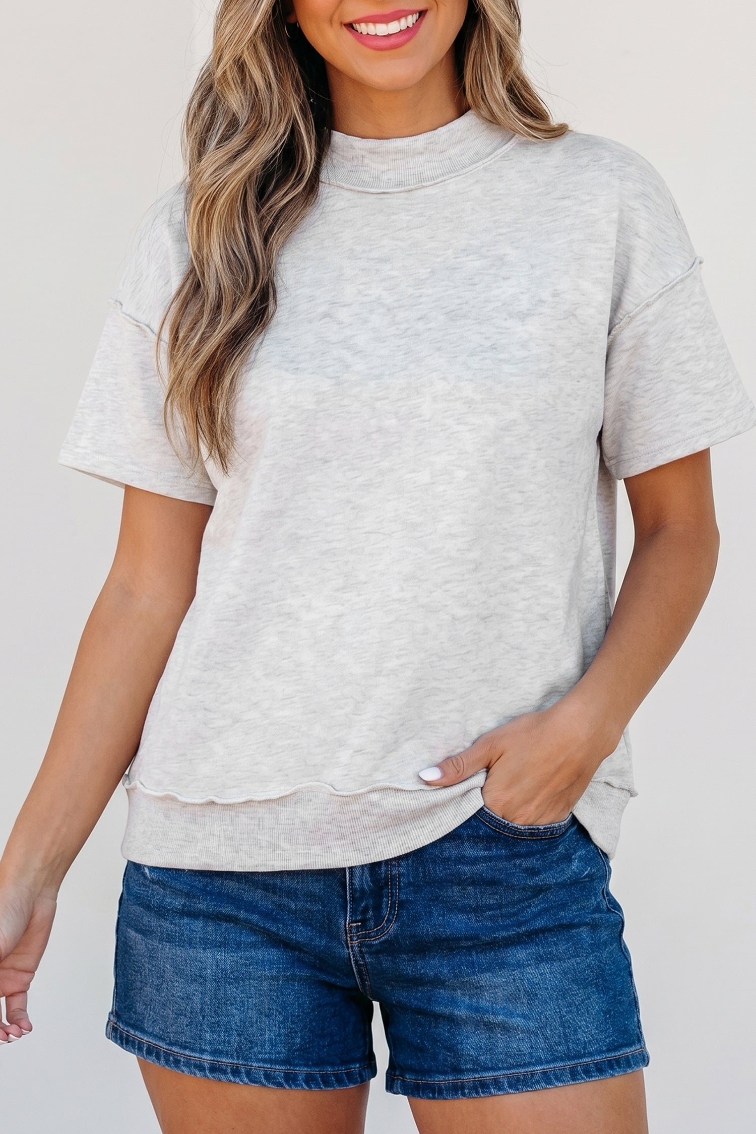 Light Grey Exposed Seam Detail Mock Neck Tee
