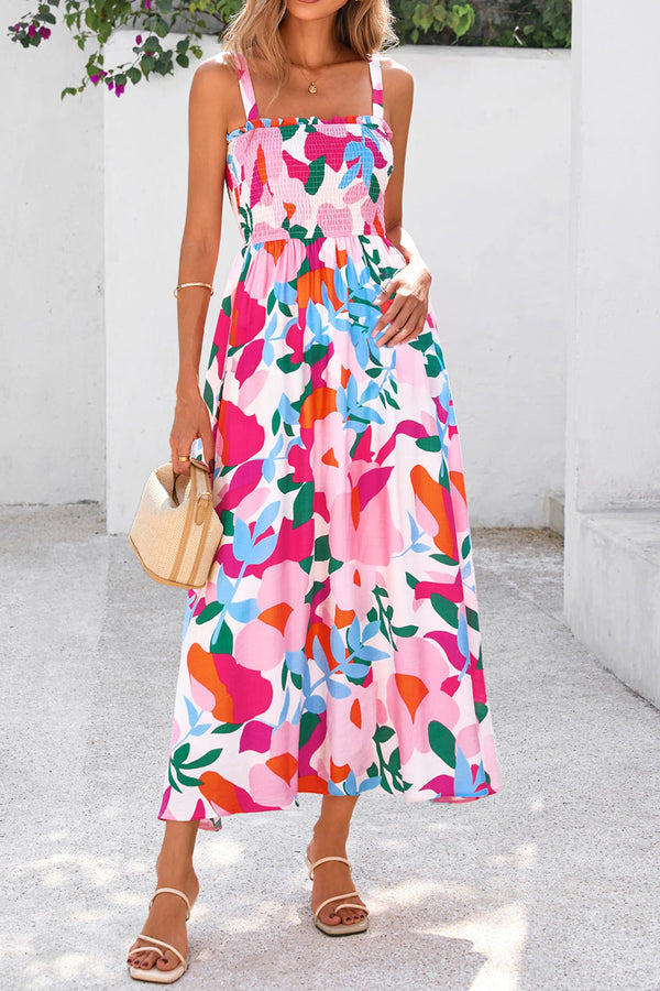 Pièce mode femme floral, smocké, bretelles, taille haute — rose