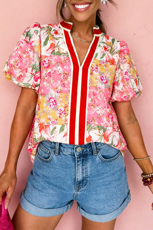 Blouse femme floral, manches courtes, col V — rose-P1020