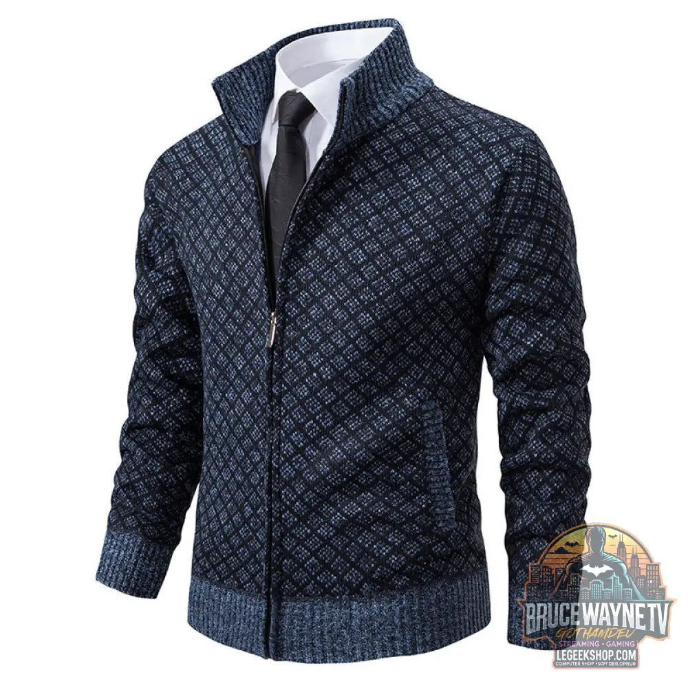 Cardigan Homme Carreaux Épais Zip Col Montant Hiver - Cardigan Homme