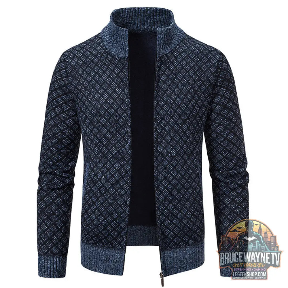 Cardigan Homme Carreaux Épais Zip Col Montant Hiver - Blue And Gray / M - Cardigan Homme