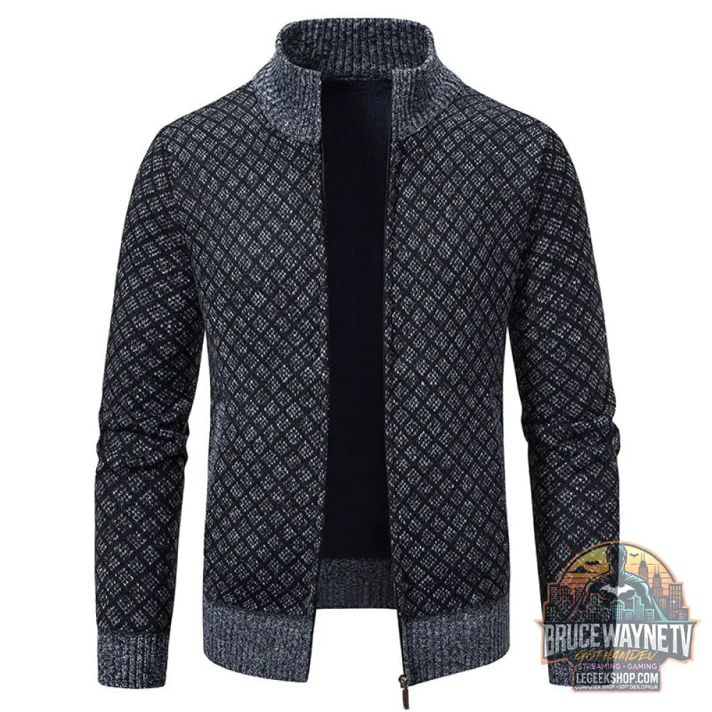 Cardigan Homme Carreaux Épais Zip Col Montant Hiver - Dark Gray / M - Cardigan Homme