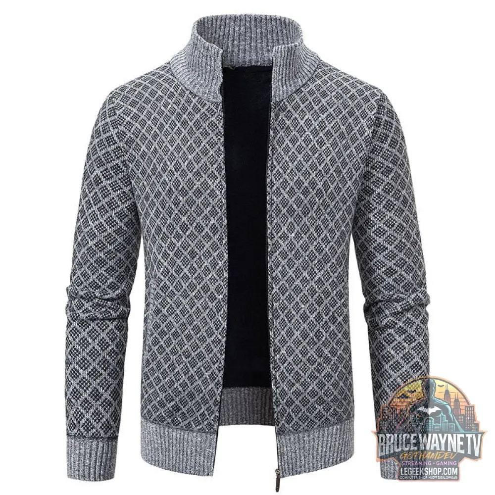 Cardigan Homme Carreaux Épais Zip Col Montant Hiver - Light Gray / M - Cardigan Homme