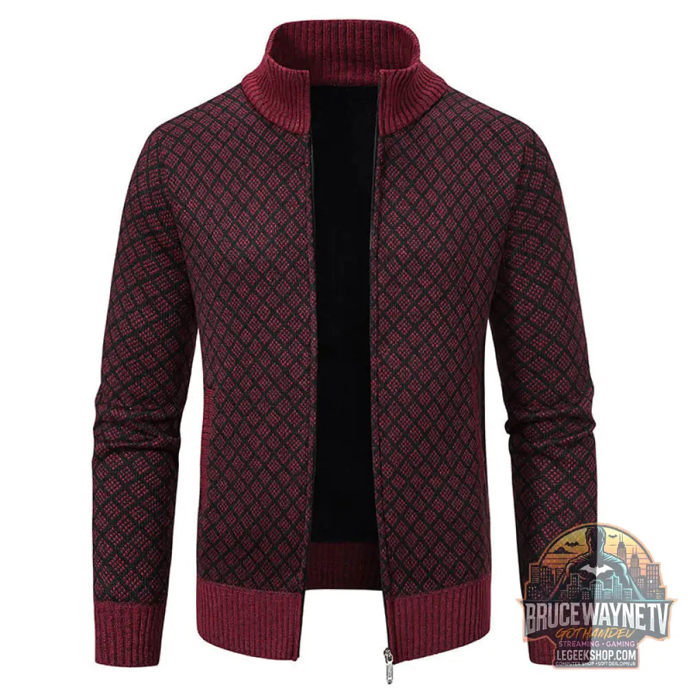 Cardigan Homme Carreaux Épais Zip Col Montant Hiver - Wine Red / M - Cardigan Homme
