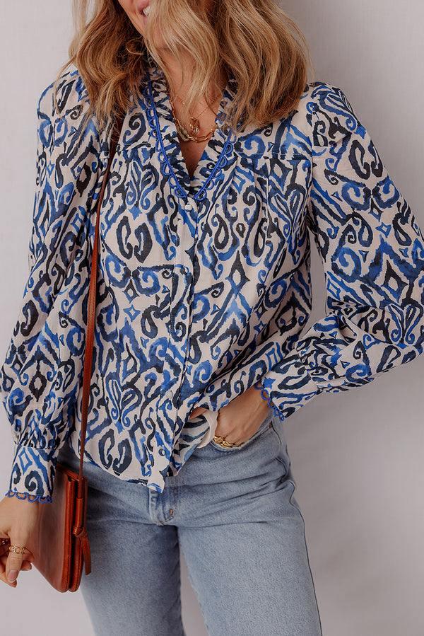 Chemise femme brodé, manches longues, col V — bleu