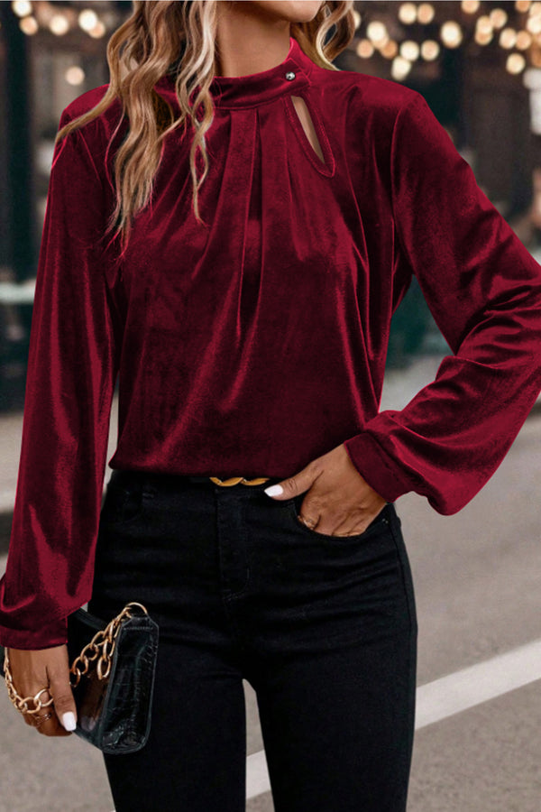 Blouse femme velours, boutonnée, manches longues — rouge
