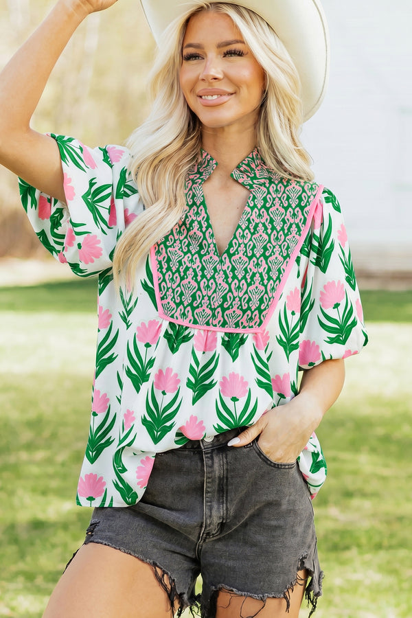 Blouse femme floral, manches bouffantes, col V — multicolore