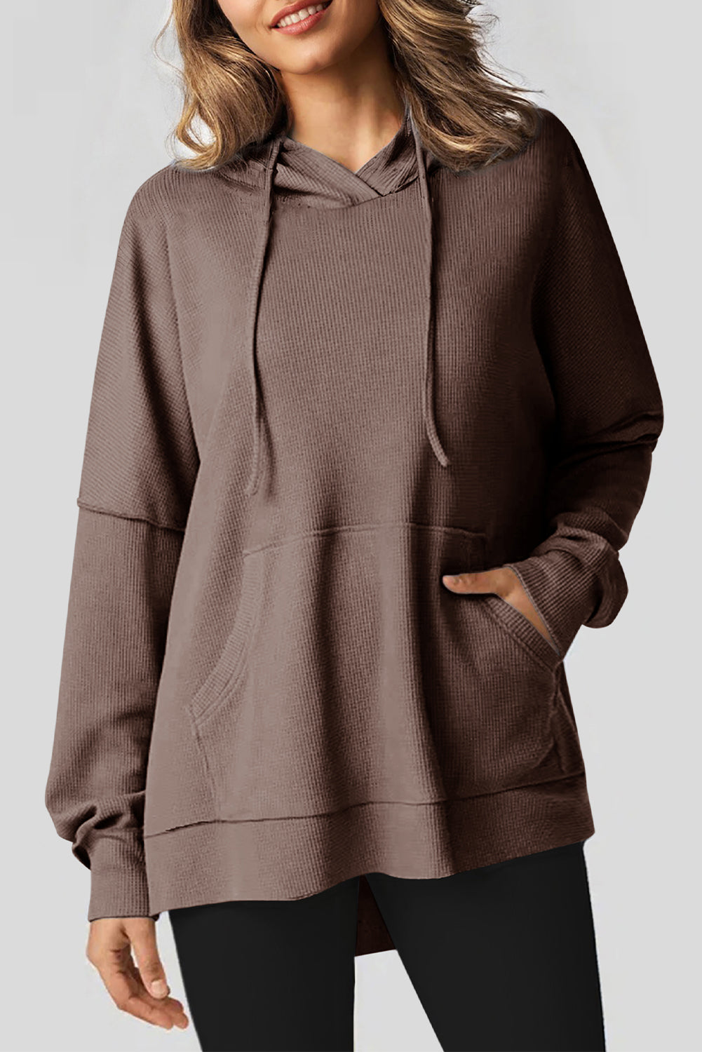 Coffee Waffle Knit Fleece Lined High Low Oversized Hoodie femme