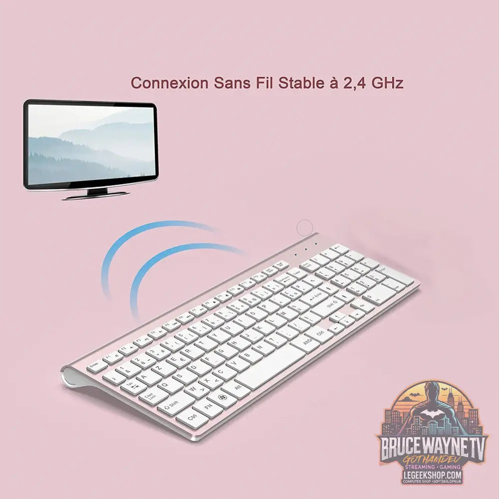 Clavier Sans Fil (AZERTY Disposition) 2,4Ghz Ultra-Fins Compacte Clavier Portable Silencieux 2400 DPI Ergonomique