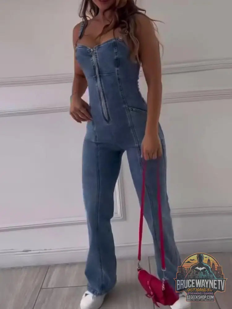 Combinaison Denim Sans Manches Zip Patchwork Élégante - Combinaison Femme