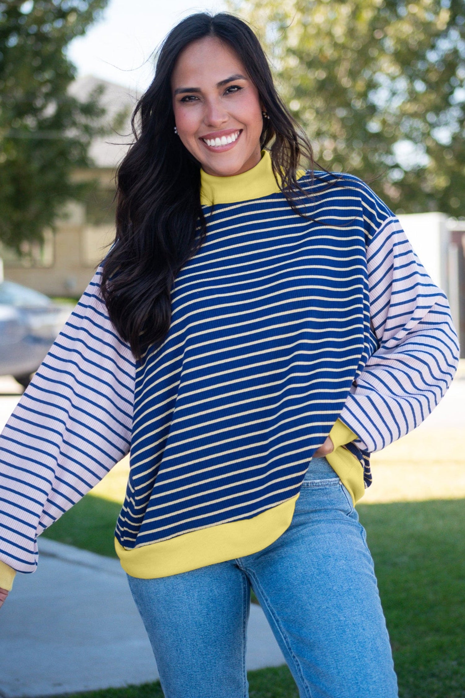 Blue Stripe Contrast Long Sleeve Crew Neck Pullover Top
