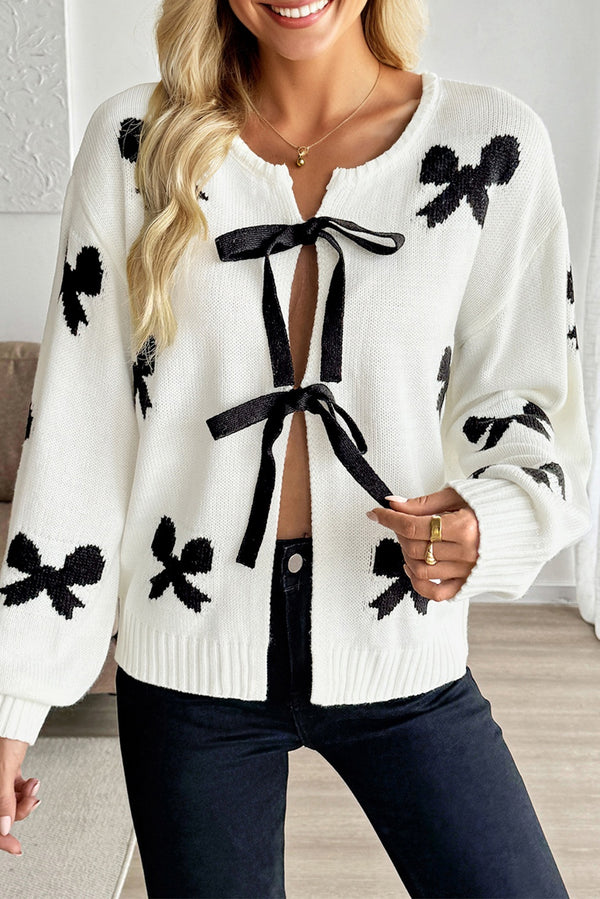 White Lace-up Bow Pattern Sweater Cardigan femme