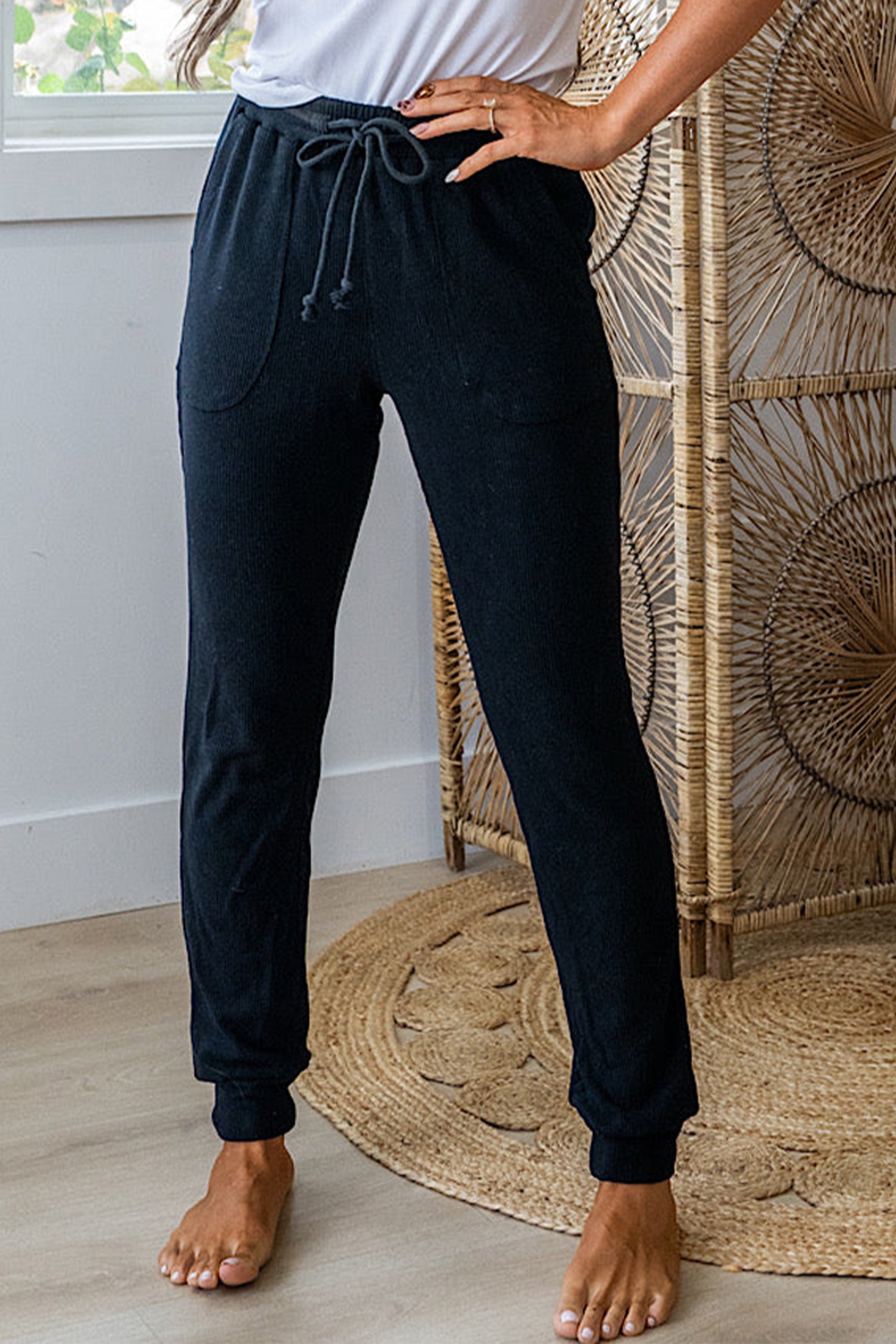 Pantalon femme à cordon, côtelé — noir