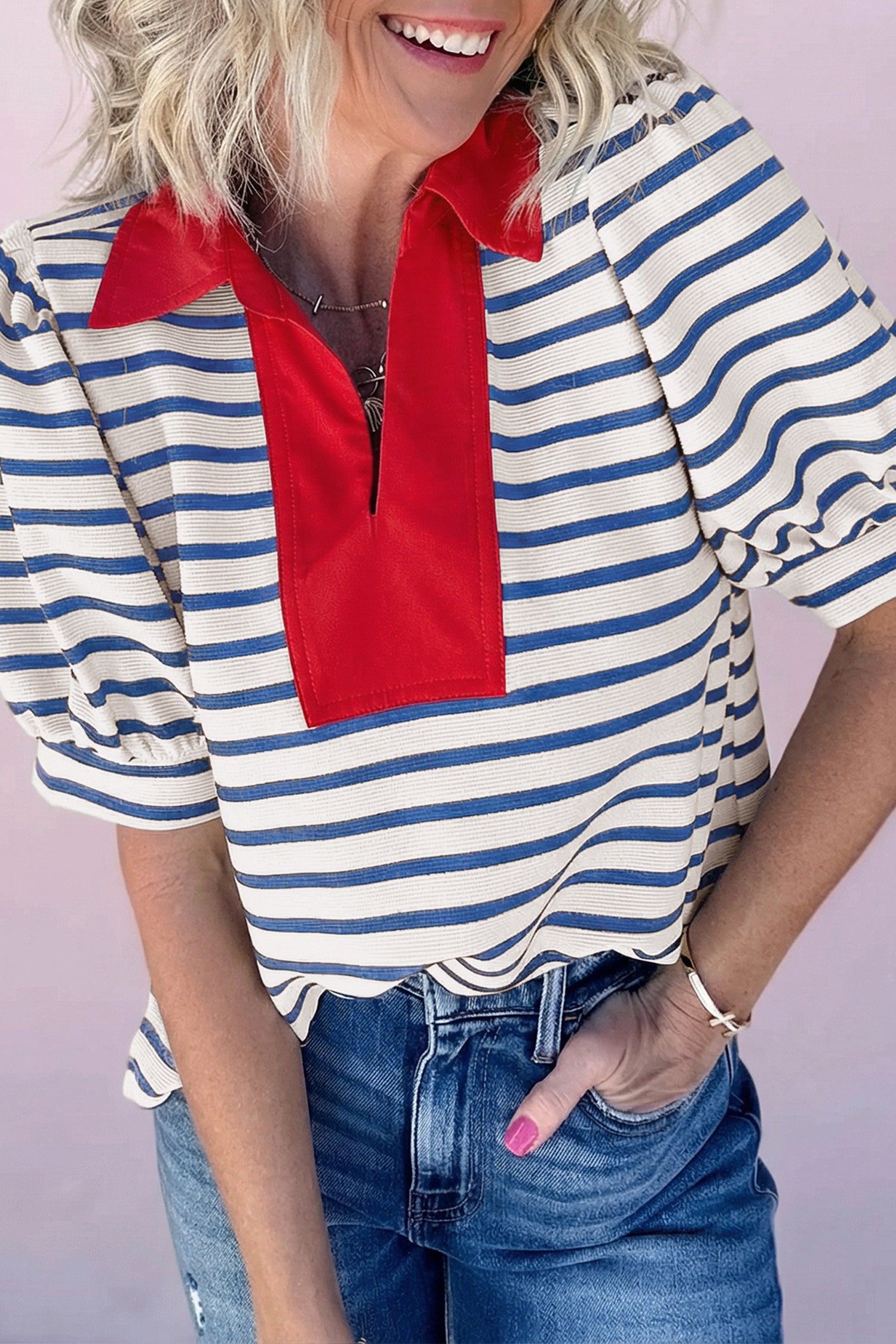 Black Stripe Short Puff Sleeve Color Block Polo Collar Blouse
