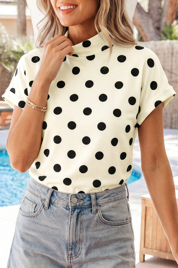 Beige Polka Dot Print High Neck Dolman Top