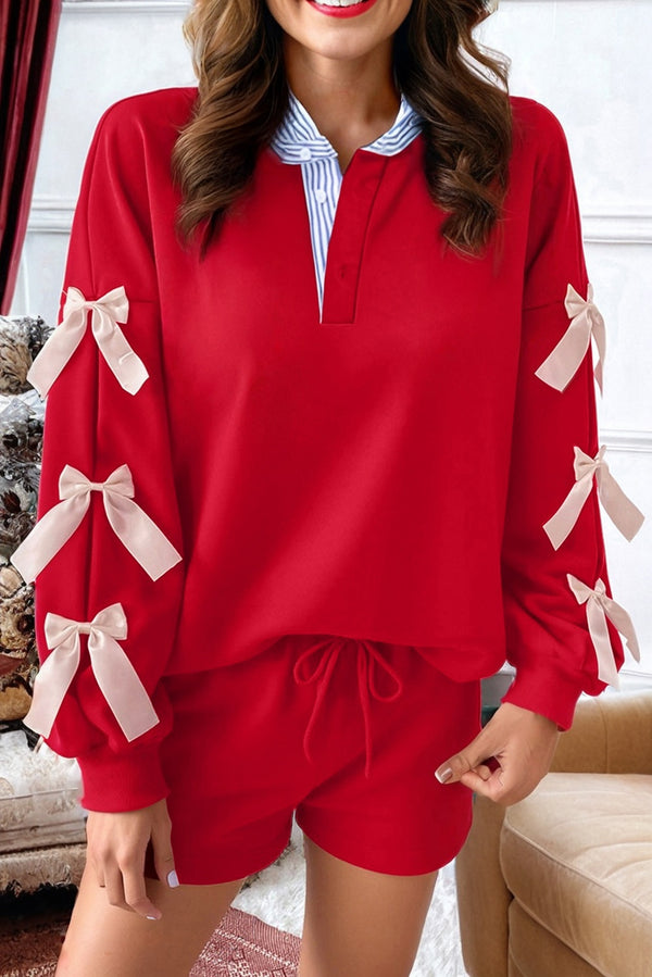 Short femme rayé, patchwork, satin — rouge