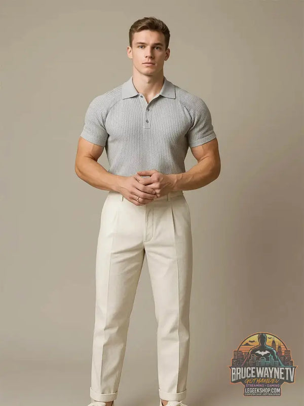 Homme portant un polo texturé homme grande taille gris, associé à un pantalon 