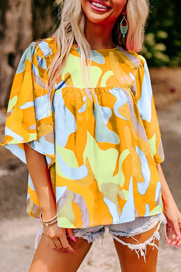 Vitality Orange Abstract Pattern Wide Sleeve Crew Neck Blouse