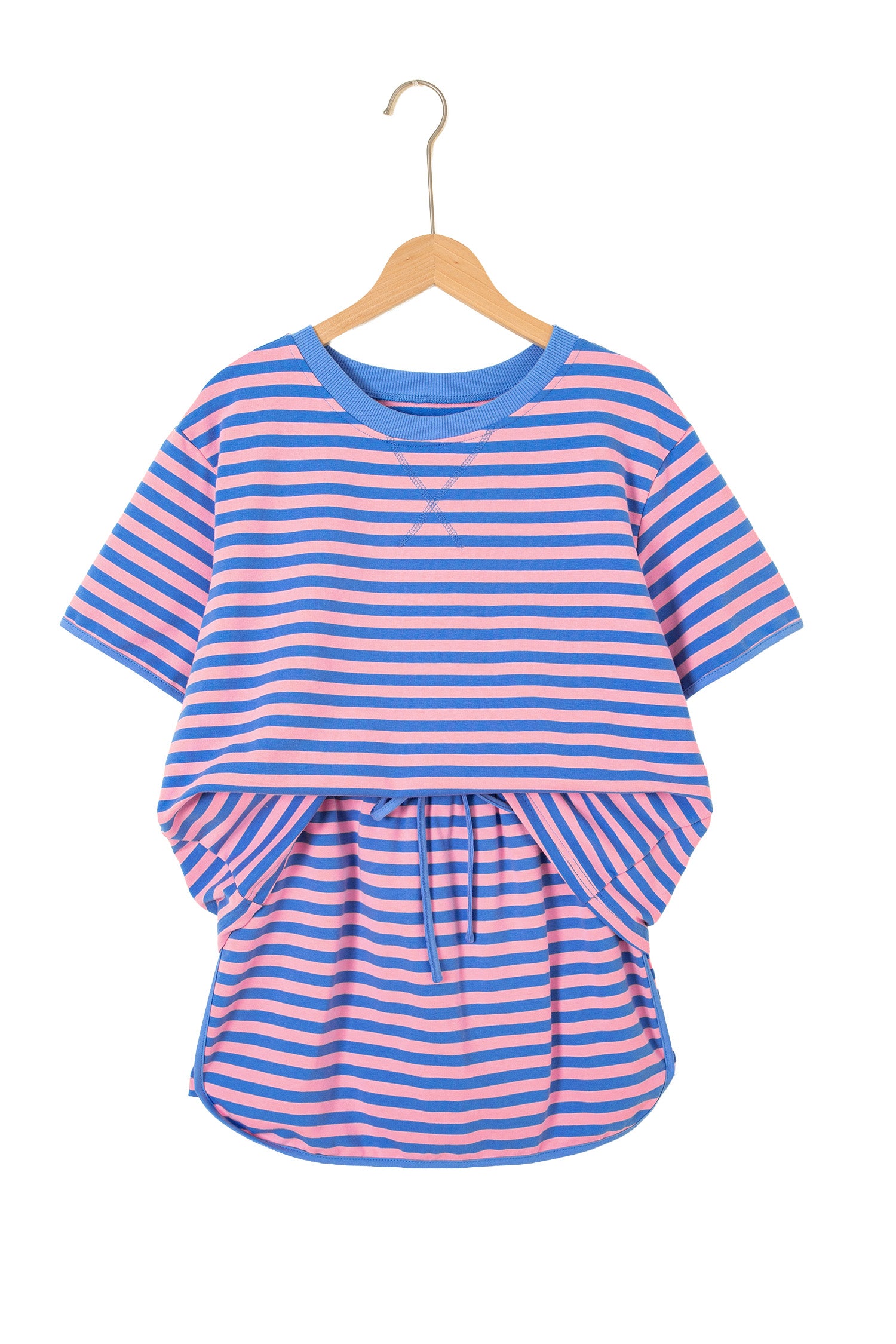 Pink Stripe Relaxed Short Sleeve Top Elastic Waist Drawstring Skort 2pcs Set
