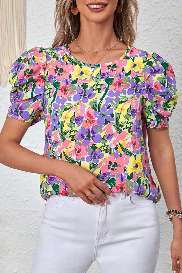 Blouse femme floral, manches courtes, col rond — violet