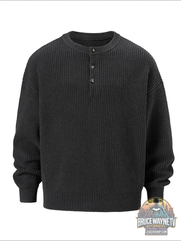 Pull col rond laine haut de gamme en noir avec boutons et manches longues