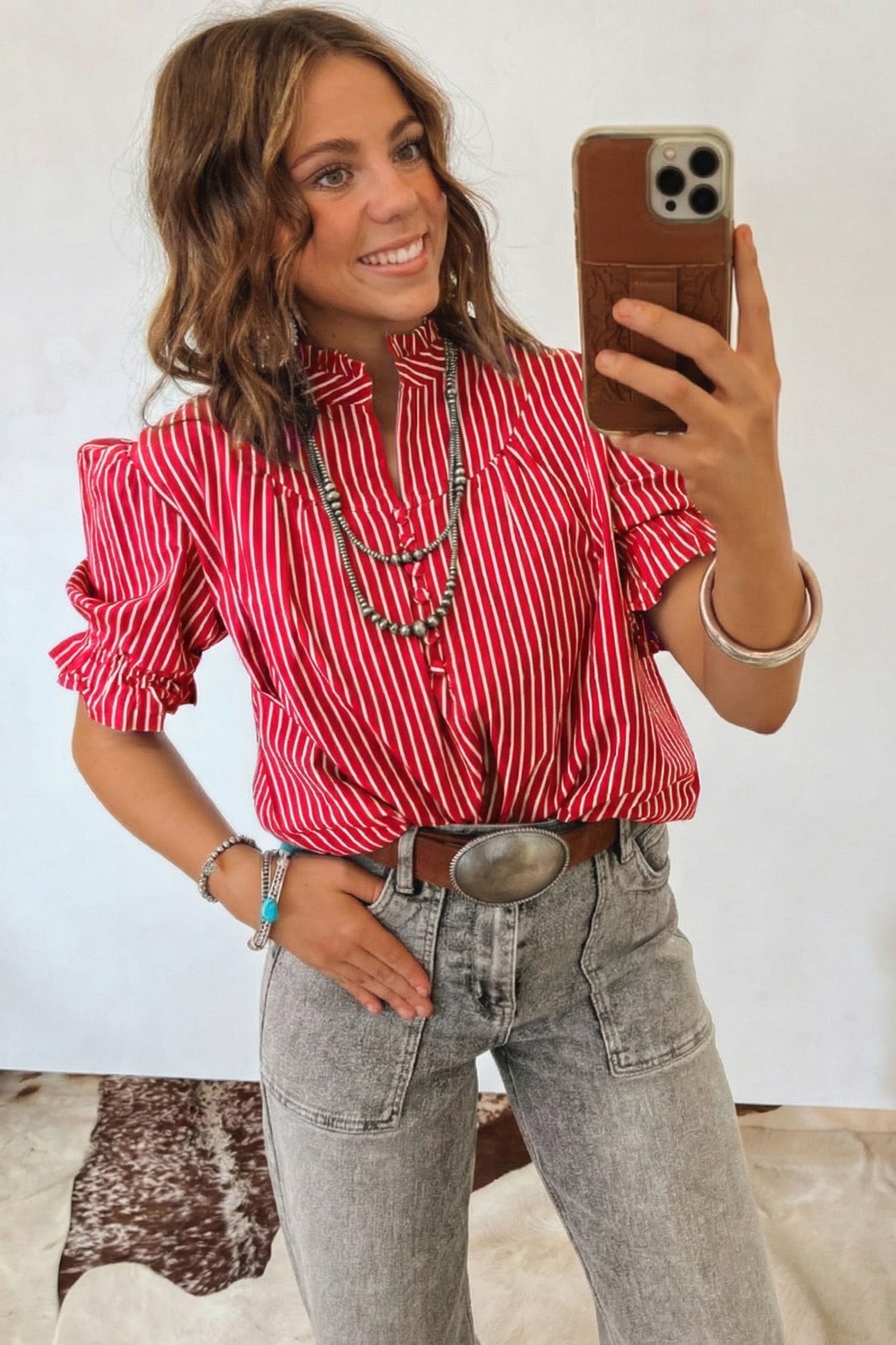 Blue Stripe Ruffled Short Puff Sleeve Button Front Blouse