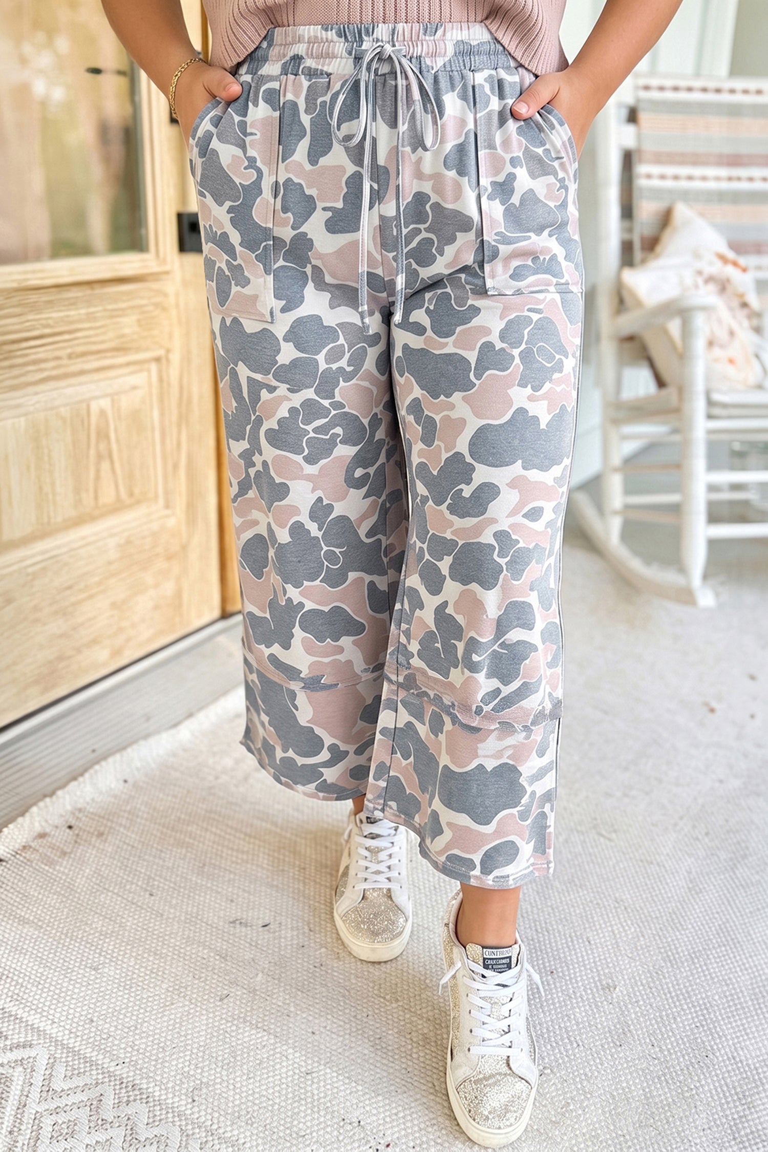 Khaki Camouflage Print Patch Pockets Ankle-Length Plus Size Pants