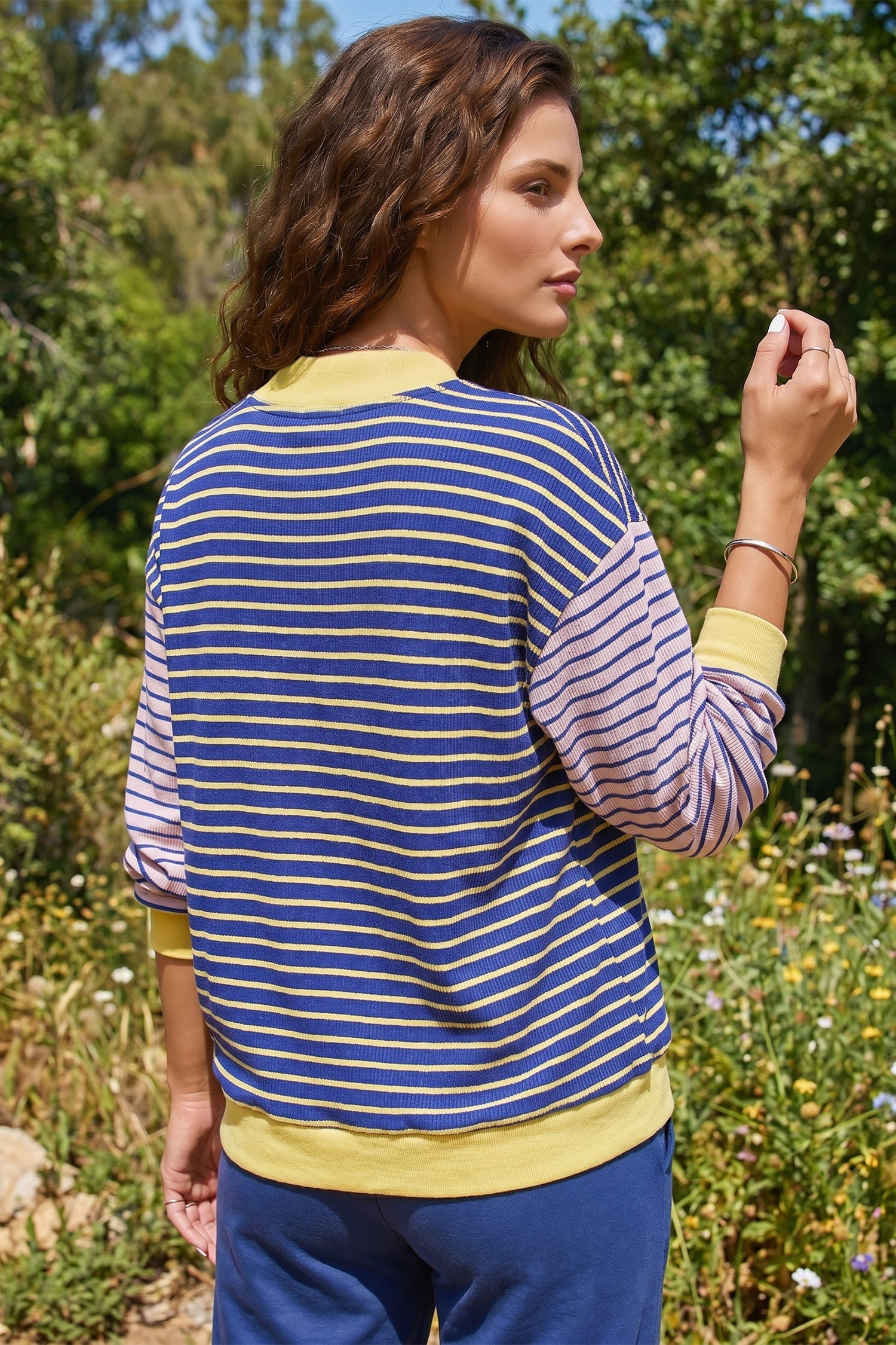 Blue Stripe Contrast Long Sleeve Crew Neck Pullover Top