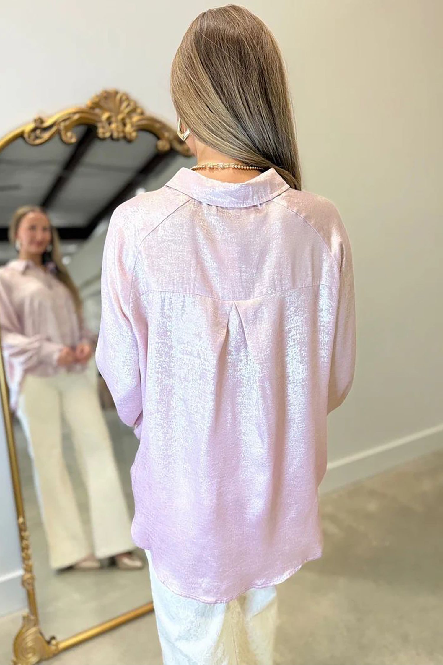 Delicacy Long Sleeve Button Front Ruffle Cuffs Back Paneling Shirt