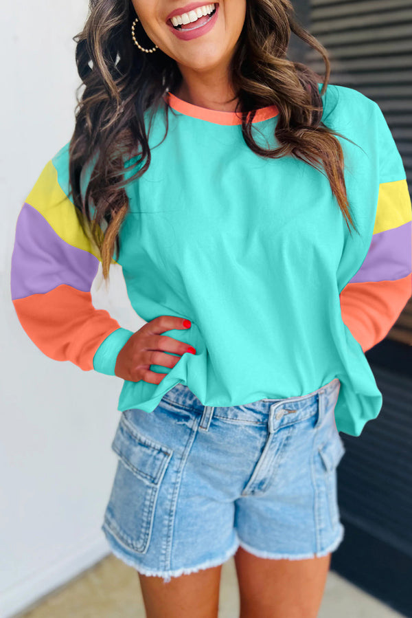 Haut femme patchwork, manches longues, ample, colorblock — bleu clair