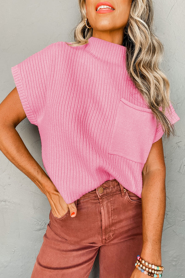 Pull femme en maille, poches, manches courtes, côtelé — rose