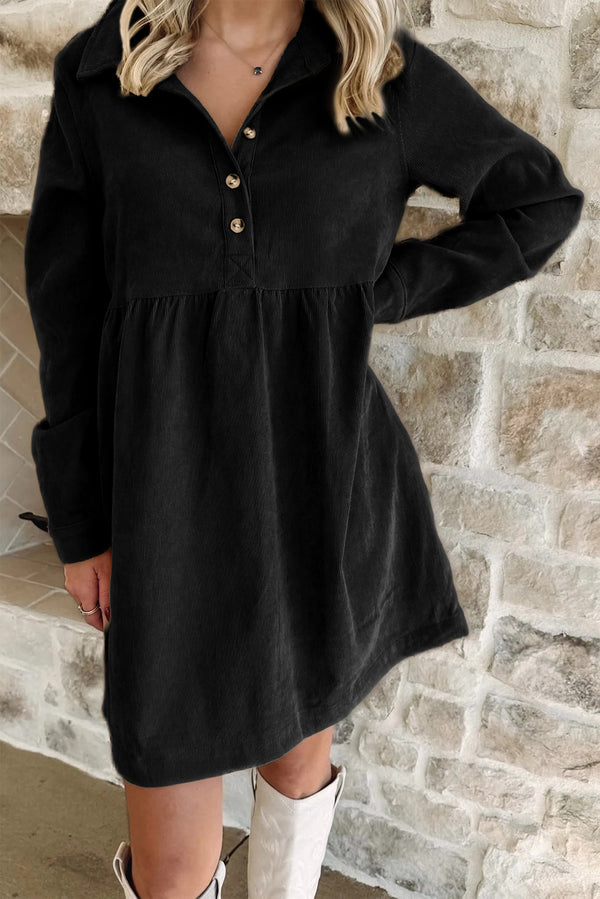 Robe courte femme boutonnée, demi-boutonnage, manches longues — noir